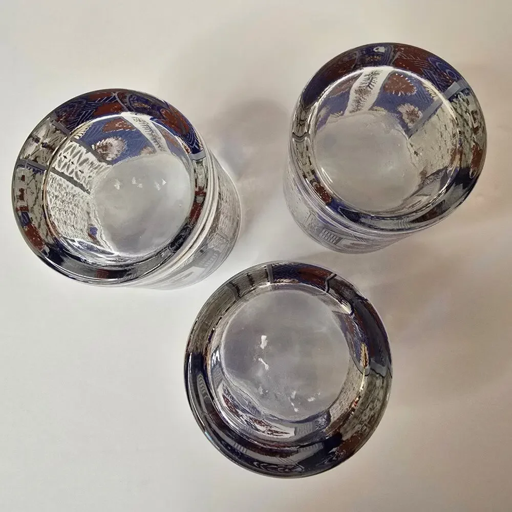 3 Old Fashioned Lowball Rocks Glasses Blue Oriental Imari Pattern Gold Vtg MCM